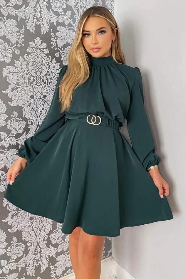 AX Paris Teal High Neck Long Puff Sleeve Belted Skater Dress Dresses