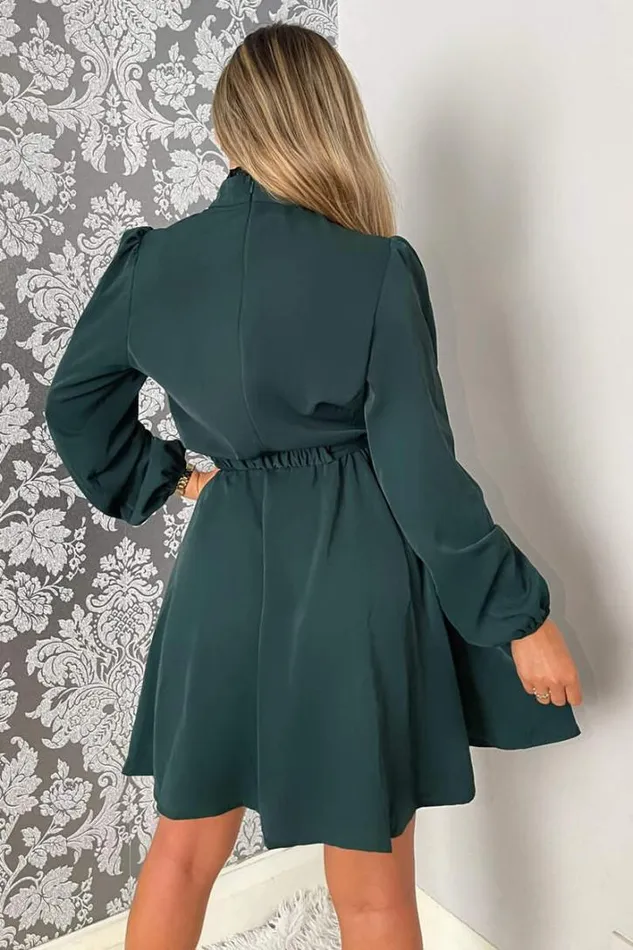 AX Paris Teal High Neck Long Puff Sleeve Belted Skater Dress Dresses