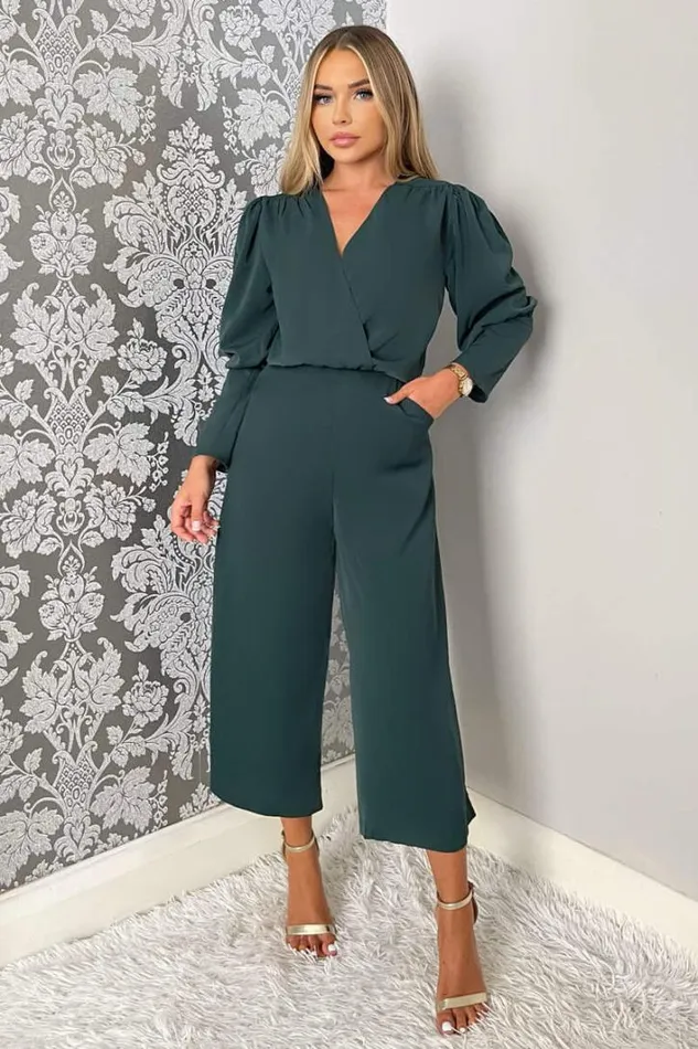 AX Paris Teal Wrap Top Long Sleeve Culotte Jumpsuit Jumpsuits And Playsuits