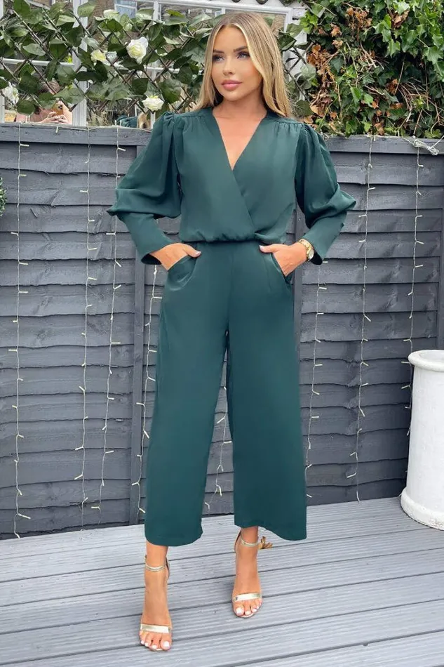 AX Paris Teal Wrap Top Long Sleeve Culotte Jumpsuit Jumpsuits And Playsuits