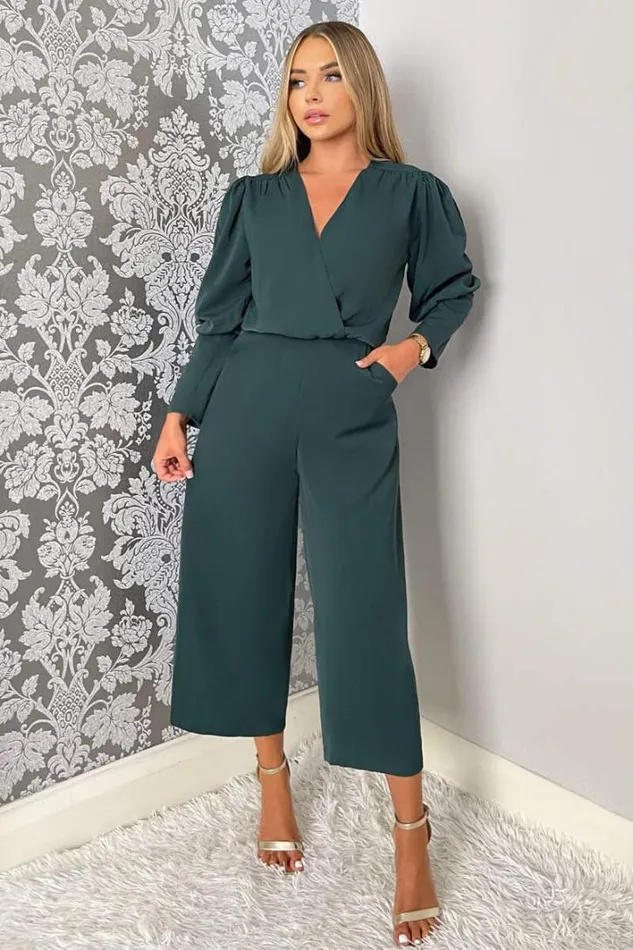 AX Paris Teal Wrap Top Long Sleeve Culotte Jumpsuit Jumpsuits And Playsuits