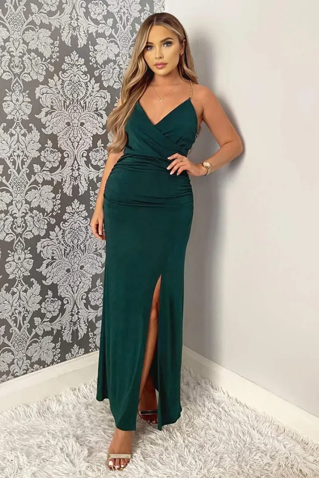 AX Paris Teal Wrap Top Ruched Side Chain Strap Midi Dress Dresses
