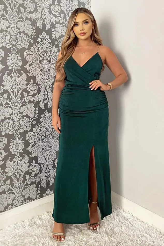 AX Paris Teal Wrap Top Ruched Side Chain Strap Midi Dress Dresses