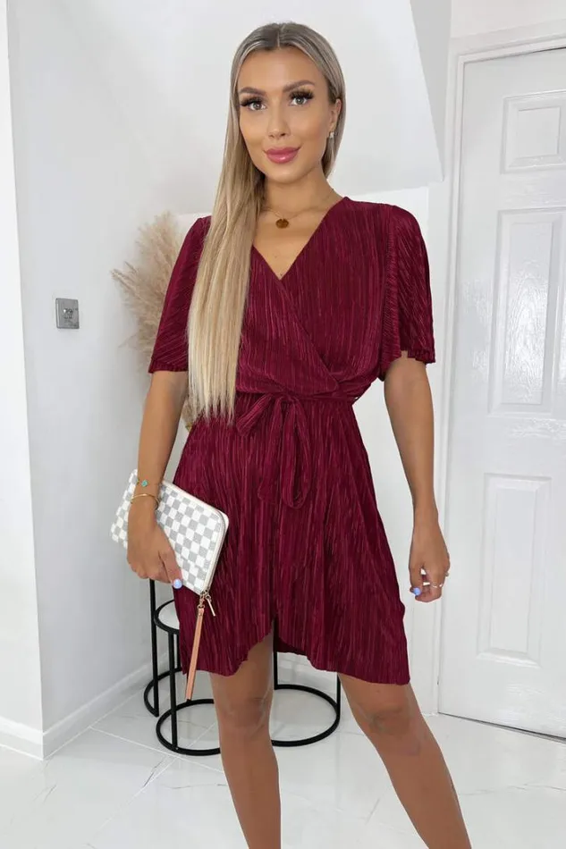 AX Paris Wine Wrap Top Belted Short Sleeve Plisse Mini Dress Dresses