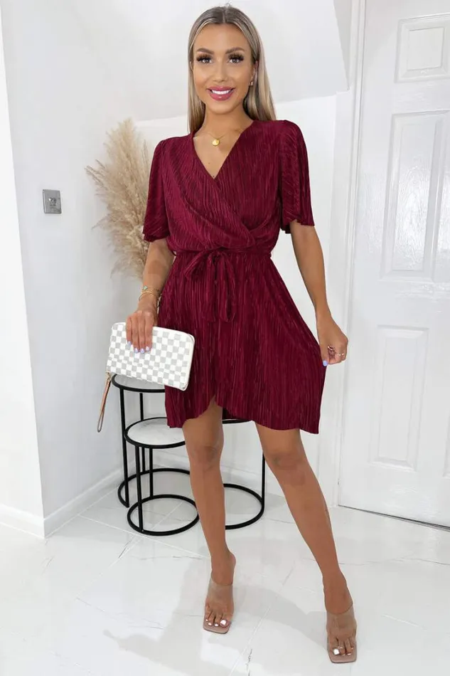 AX Paris Wine Wrap Top Belted Short Sleeve Plisse Mini Dress Dresses