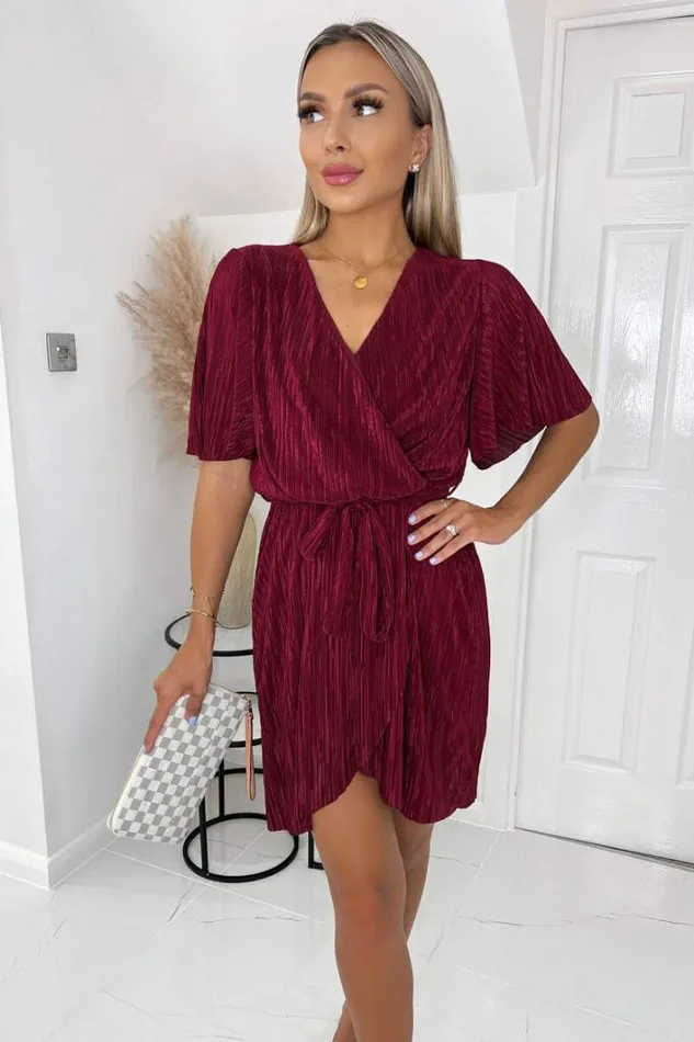 AX Paris Wine Wrap Top Belted Short Sleeve Plisse Mini Dress Dresses