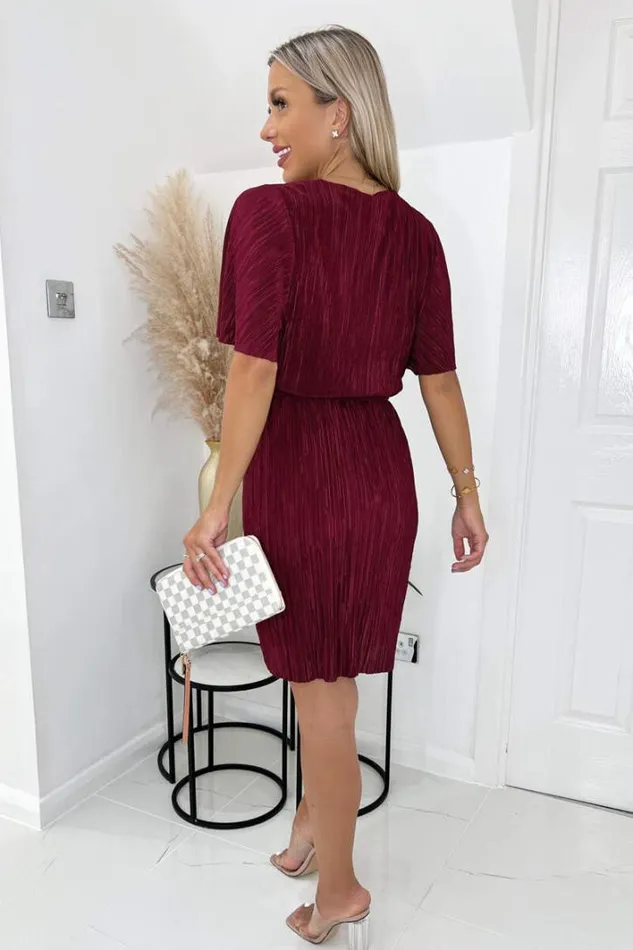 AX Paris Wine Wrap Top Belted Short Sleeve Plisse Mini Dress Dresses