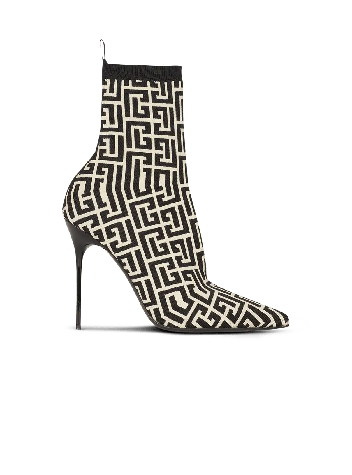 Balmain Boots Women Stretch Knit Skye Ankle Boots With Monogram Black