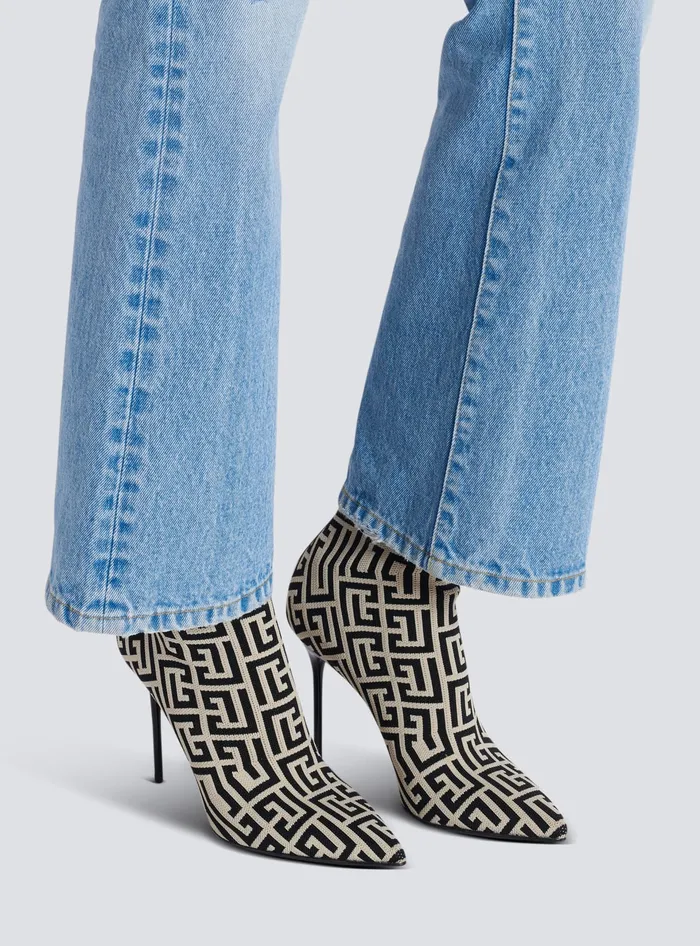 Balmain Boots Women Stretch Knit Skye Ankle Boots With Monogram Black