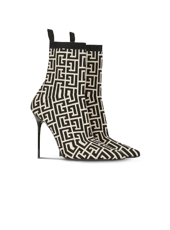 Balmain Boots Women Stretch Knit Skye Ankle Boots With Monogram Black