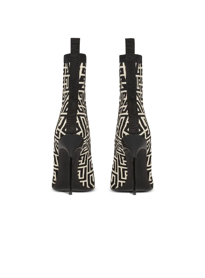 Balmain Boots Women Stretch Knit Skye Ankle Boots With Monogram Black