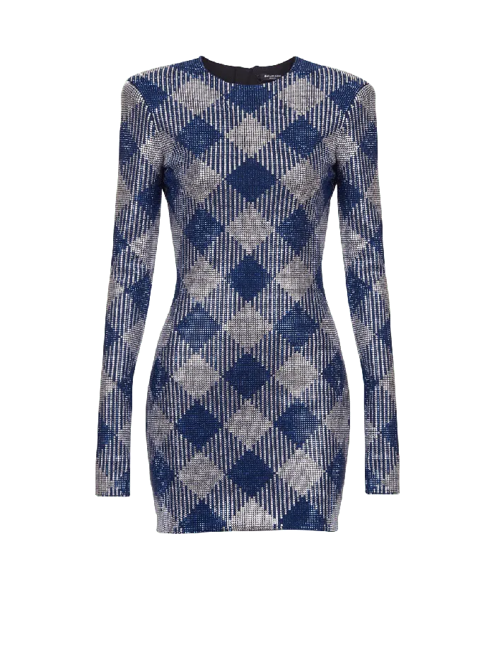 Balmain Dresses Women Gingham Rhinestone Dress Navy