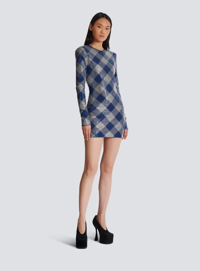Balmain Dresses Women Gingham Rhinestone Dress Navy