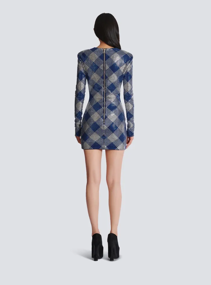 Balmain Dresses Women Gingham Rhinestone Dress Navy