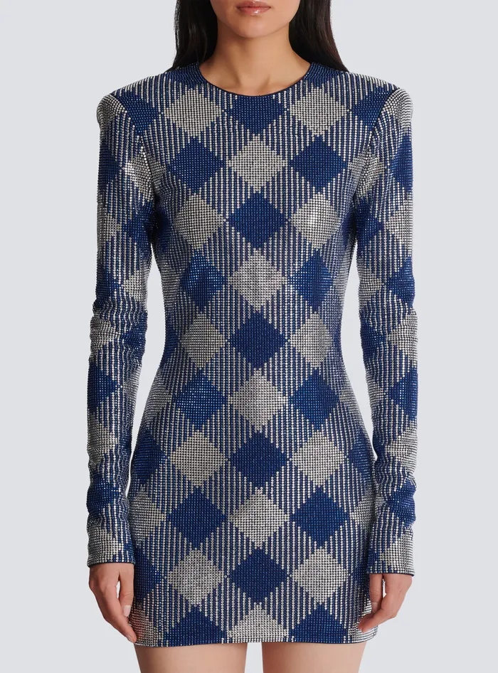 Balmain Dresses Women Gingham Rhinestone Dress Navy