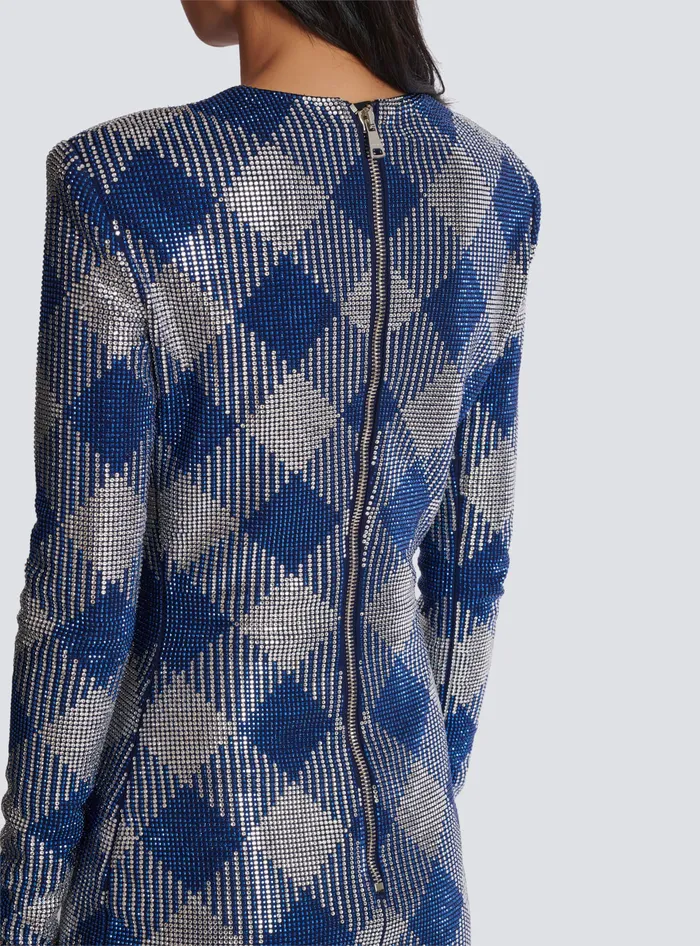 Balmain Dresses Women Gingham Rhinestone Dress Navy