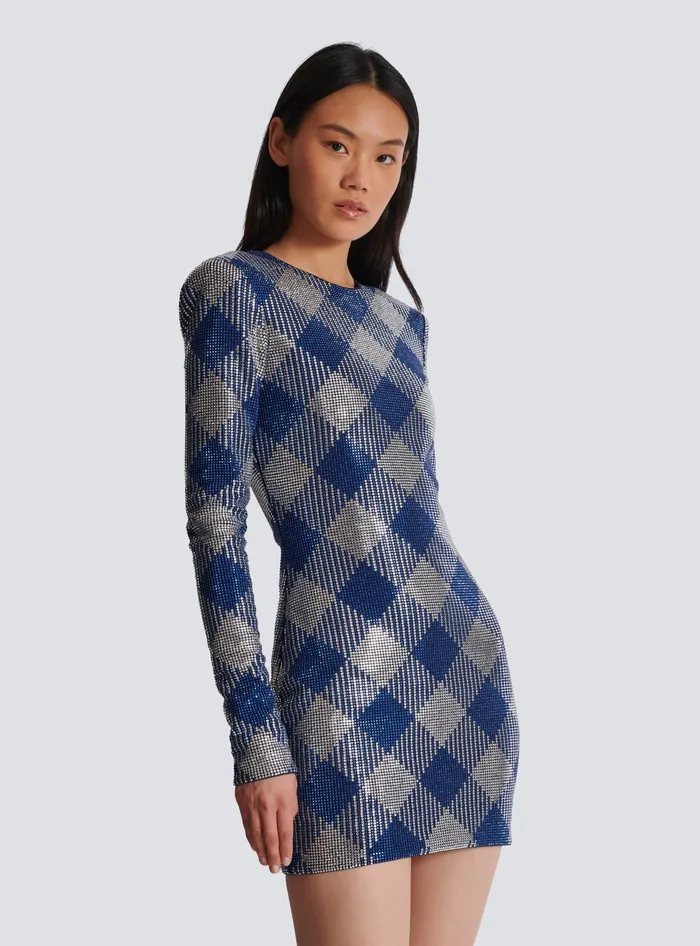 Balmain Dresses Women Gingham Rhinestone Dress Navy