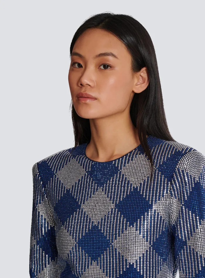 Balmain Dresses Women Gingham Rhinestone Dress Navy
