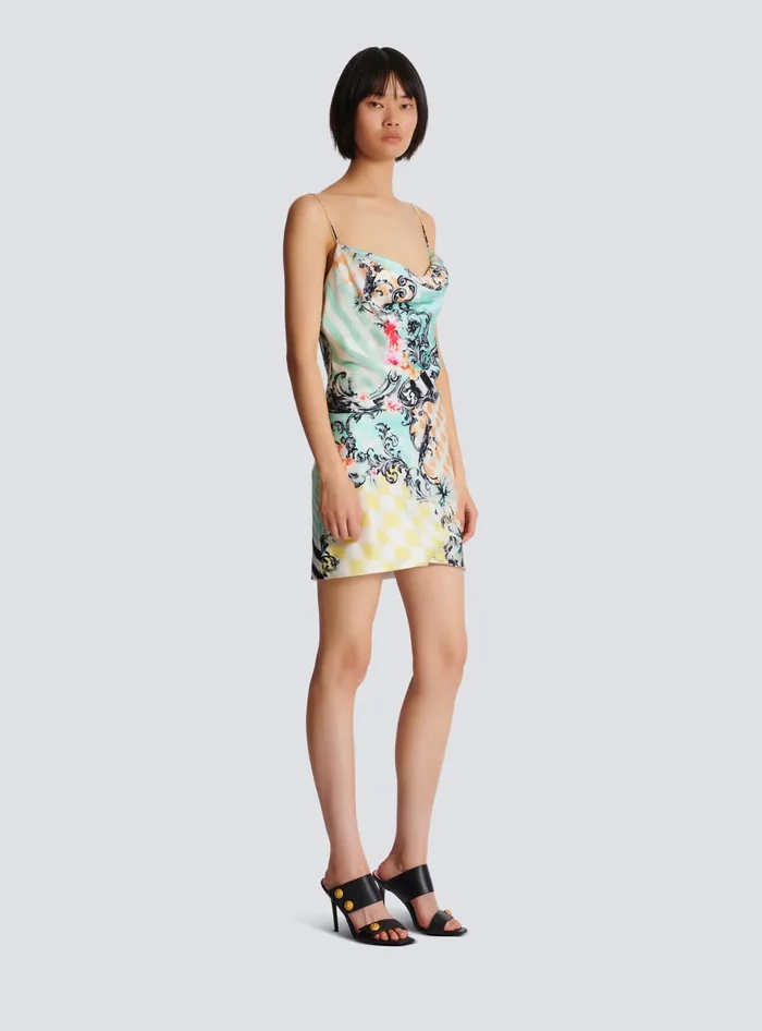 Balmain Dresses Women Short Satin Slip Dress With Baroque Print Multicolor