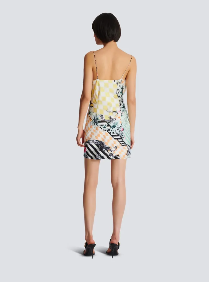 Balmain Dresses Women Short Satin Slip Dress With Baroque Print Multicolor