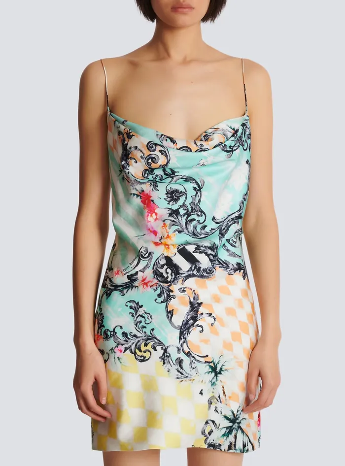 Balmain Dresses Women Short Satin Slip Dress With Baroque Print Multicolor