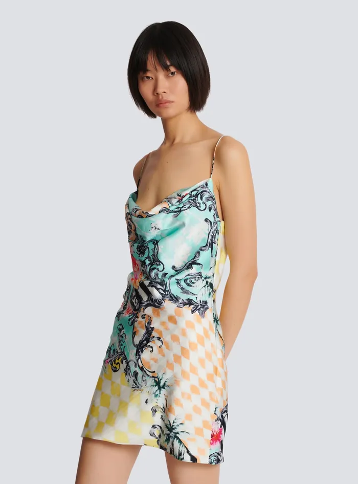 Balmain Dresses Women Short Satin Slip Dress With Baroque Print Multicolor