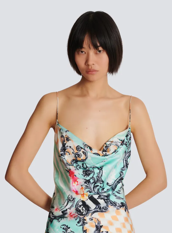 Balmain Dresses Women Short Satin Slip Dress With Baroque Print Multicolor