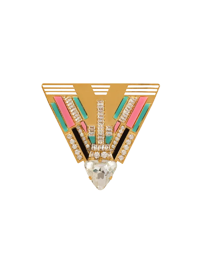 Balmain Fashion Jewelry Women Brass And Crystal Art Deco Brooch Multicolor