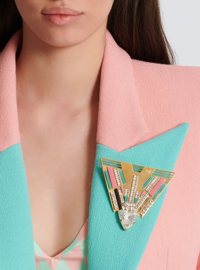 Balmain Fashion Jewelry Women Brass And Crystal Art Deco Brooch Multicolor