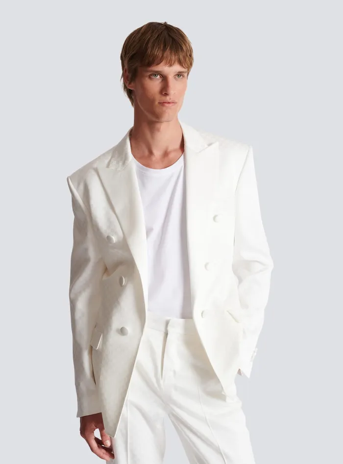 Balmain Jackets And Blazers Men 6button Monogram Satin Jacket White