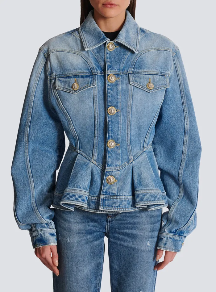 Balmain Jackets And Blazers Women Pleated Denim Jacket Blue