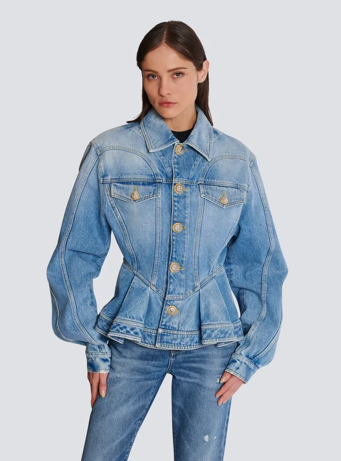 Balmain Jackets And Blazers Women Pleated Denim Jacket Blue