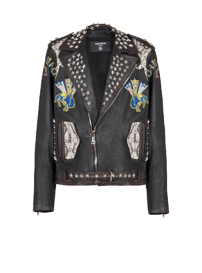 Balmain Outerwear Men Western Leather Biker Jacket Black