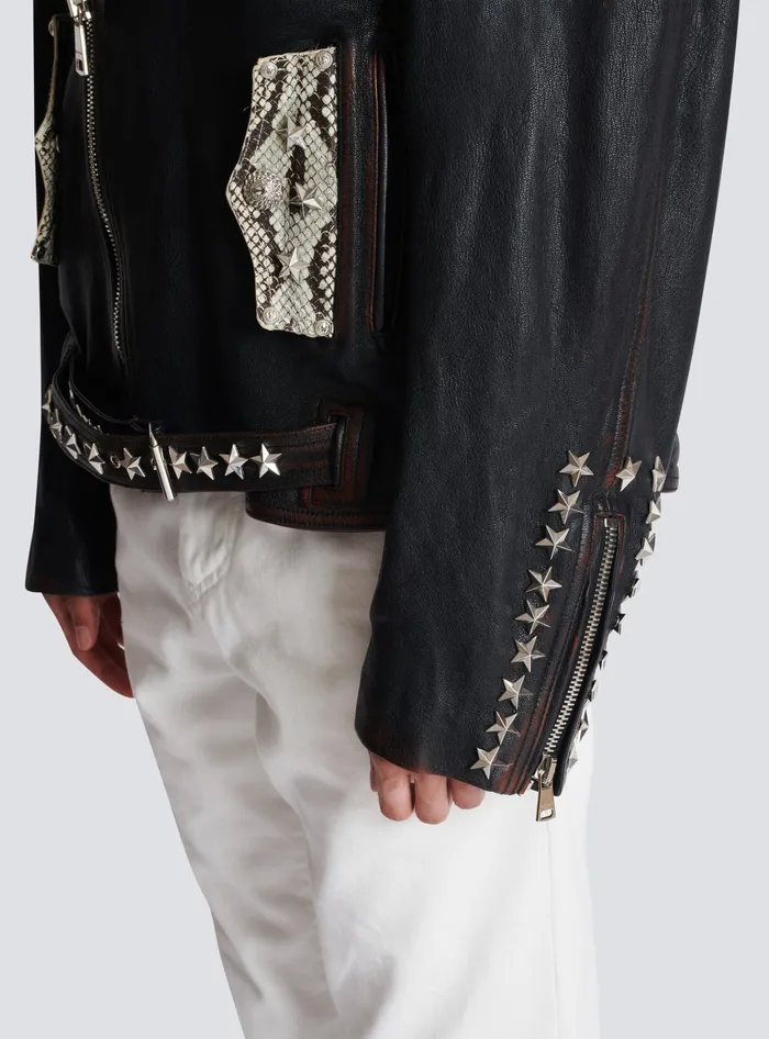 Balmain Outerwear Men Western Leather Biker Jacket Black