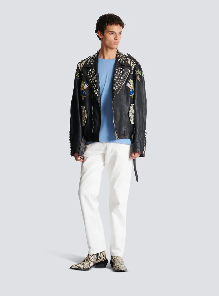 Balmain Outerwear Men Western Leather Biker Jacket Black