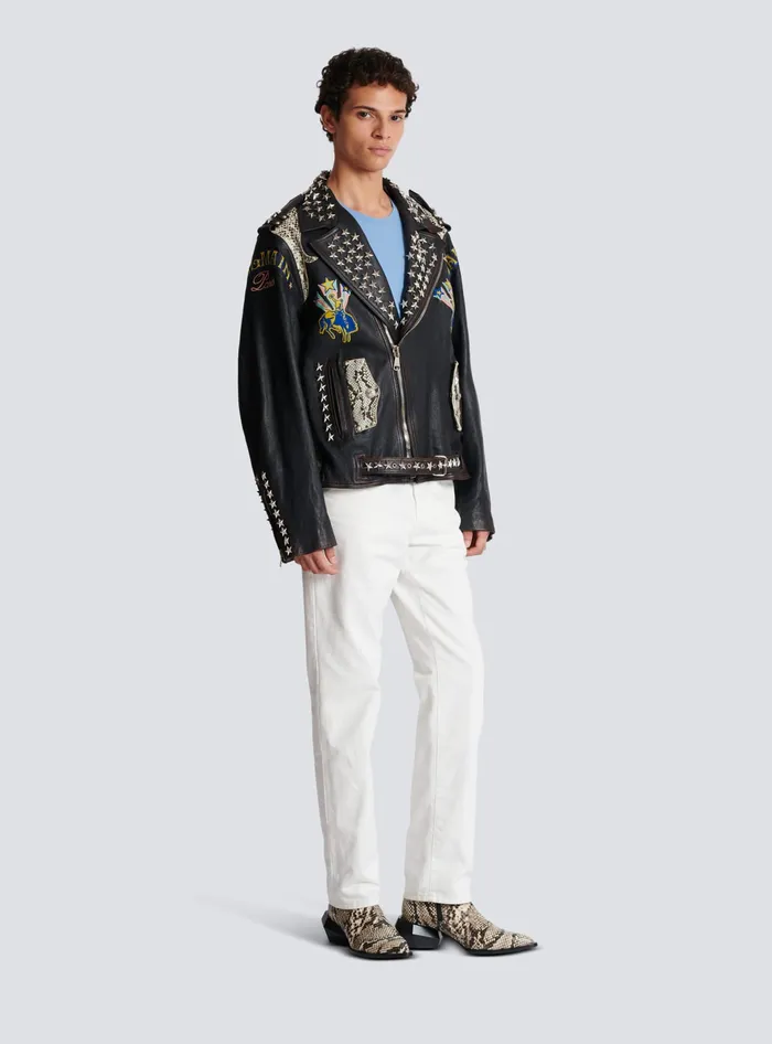 Balmain Outerwear Men Western Leather Biker Jacket Black