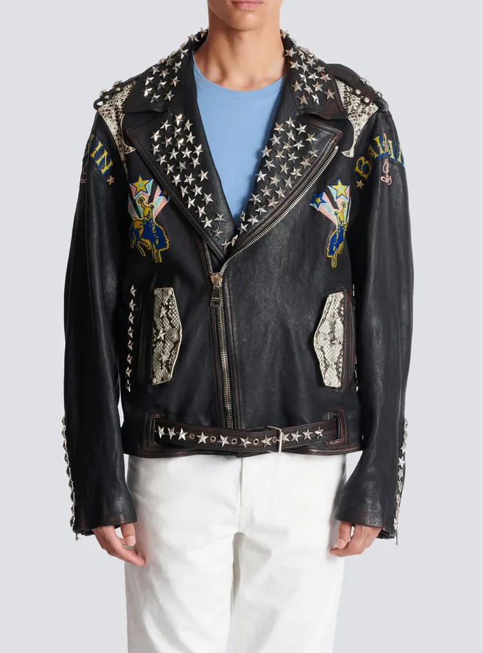 Balmain Outerwear Men Western Leather Biker Jacket Black