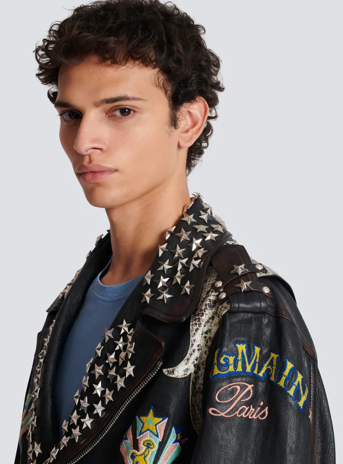 Balmain Outerwear Men Western Leather Biker Jacket Black