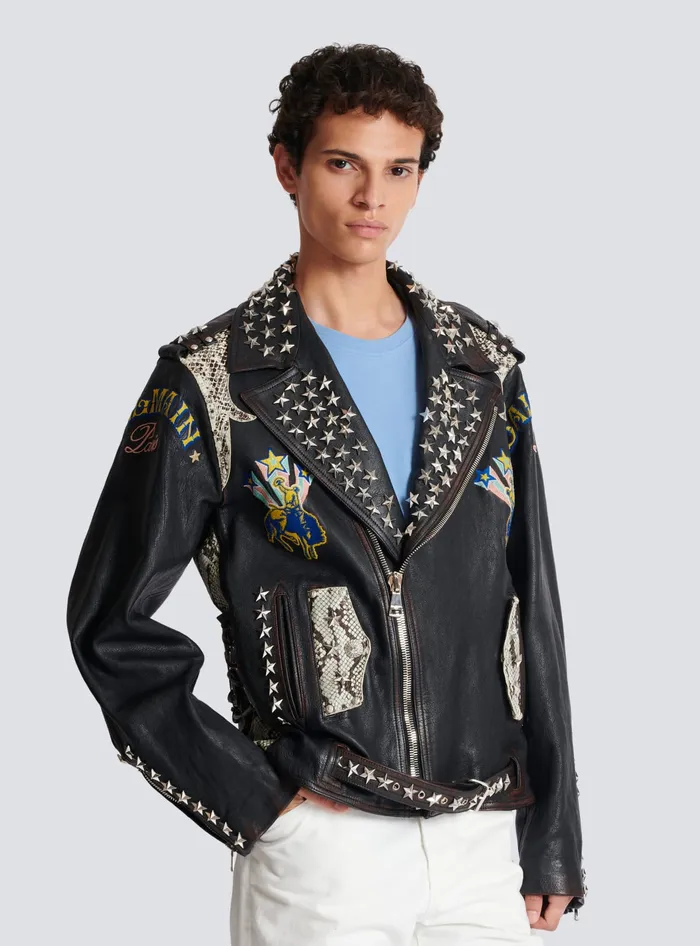 Balmain Outerwear Men Western Leather Biker Jacket Black