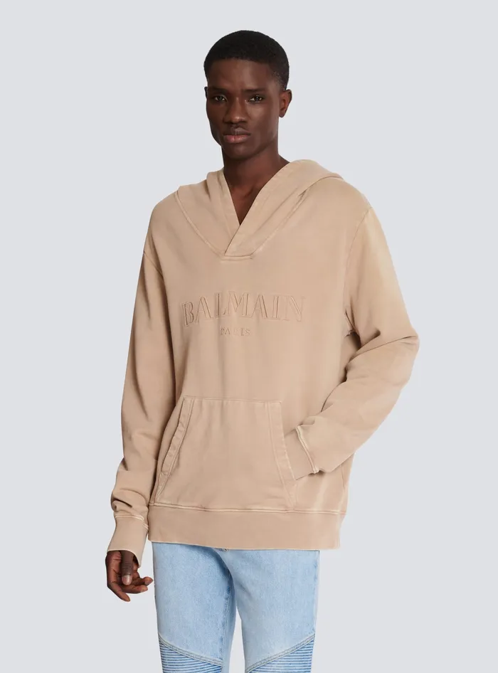 Balmain Sweatshirts Men Hoodie With Vintage Embroidery Beige