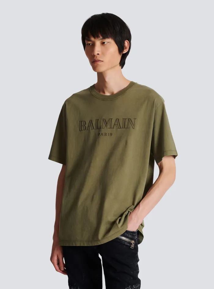 Balmain TShirts Men Vintage Embroidered Tshirt Khaki