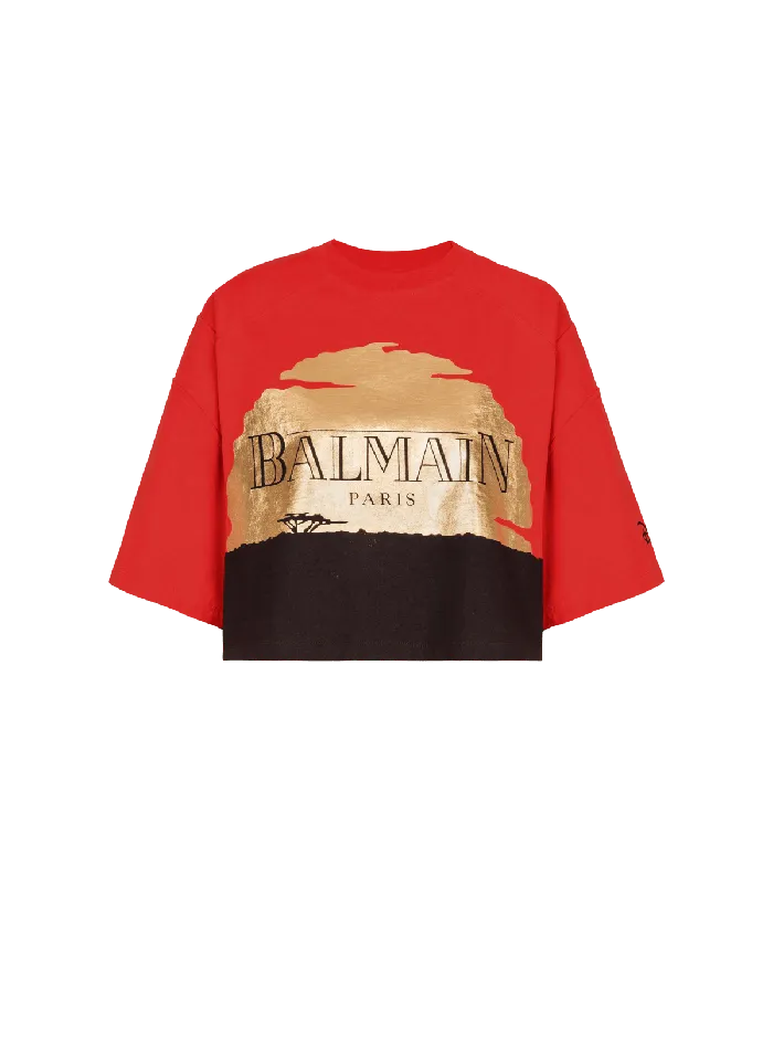 Balmain TShirts Women Disney X The Lion King 8211 Cropped Tshirt With Sunset Print Red