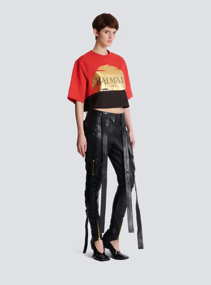 Balmain TShirts Women Disney X The Lion King 8211 Cropped Tshirt With Sunset Print Red