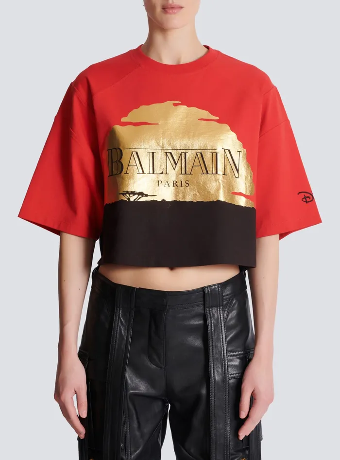 Balmain TShirts Women Disney X The Lion King 8211 Cropped Tshirt With Sunset Print Red