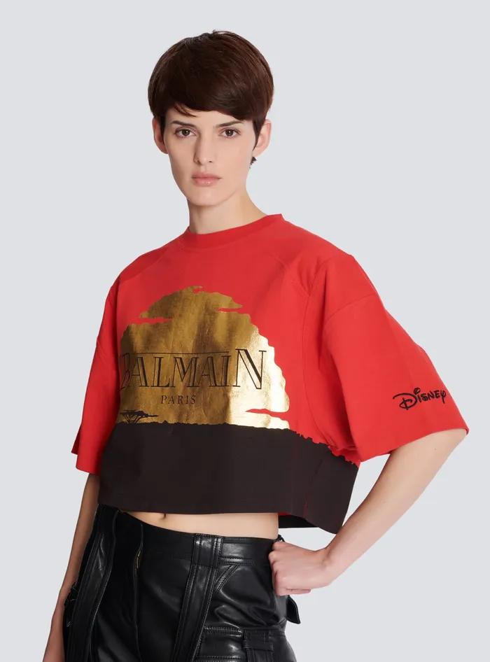 Balmain TShirts Women Disney X The Lion King 8211 Cropped Tshirt With Sunset Print Red