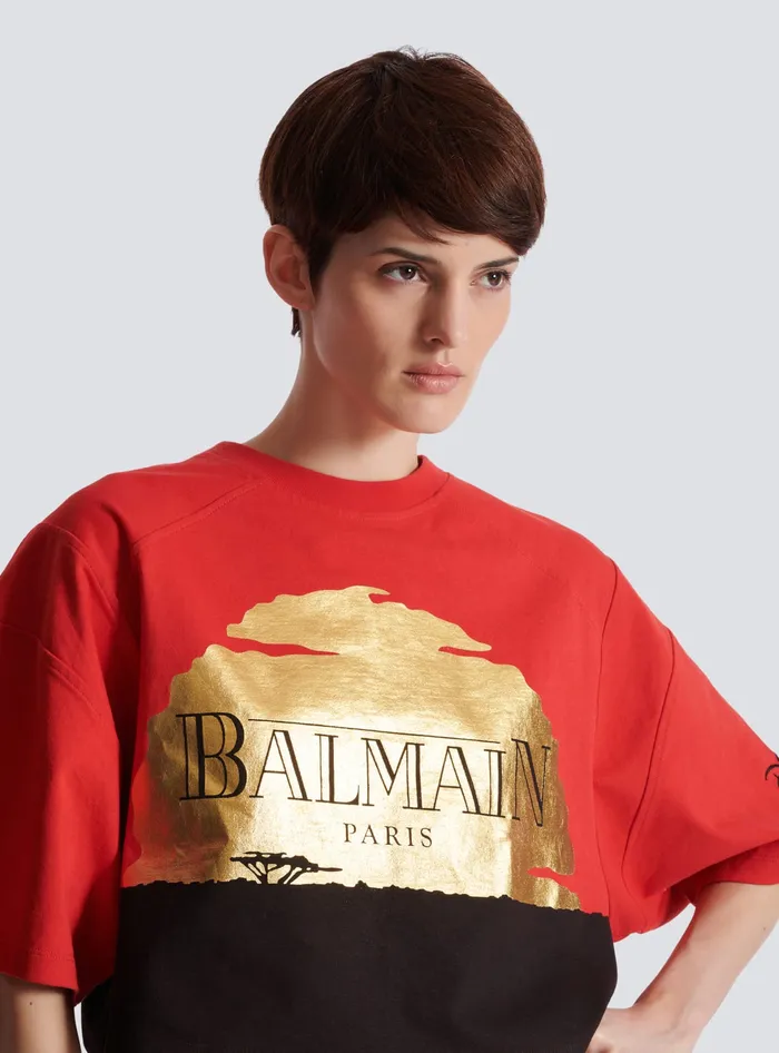 Balmain TShirts Women Disney X The Lion King 8211 Cropped Tshirt With Sunset Print Red