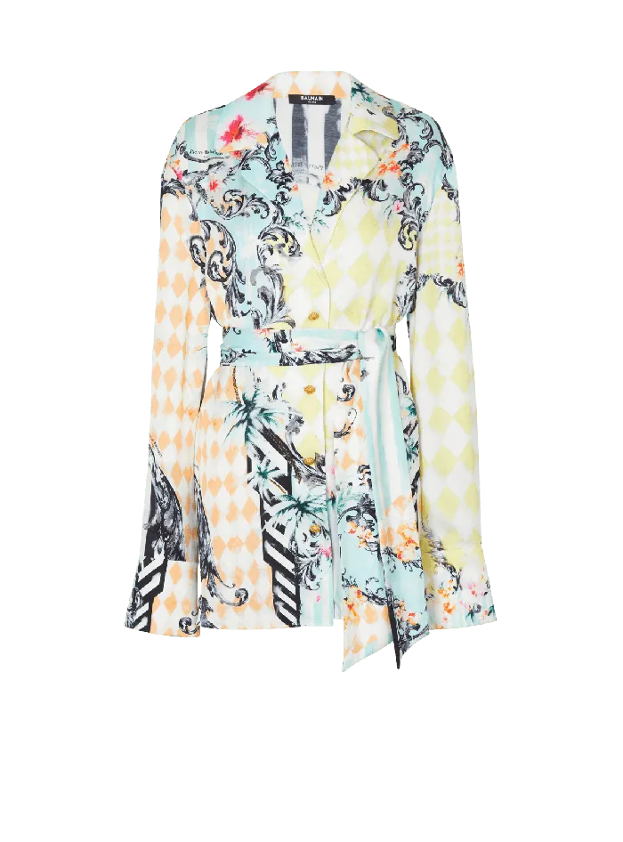 Balmain Tops And Shirts Women Loose Belted Shirt With Baroque Print Multicolor