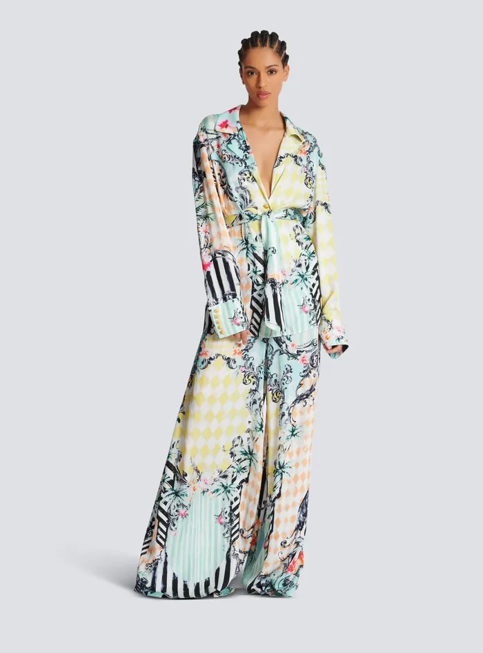 Balmain Tops And Shirts Women Loose Belted Shirt With Baroque Print Multicolor