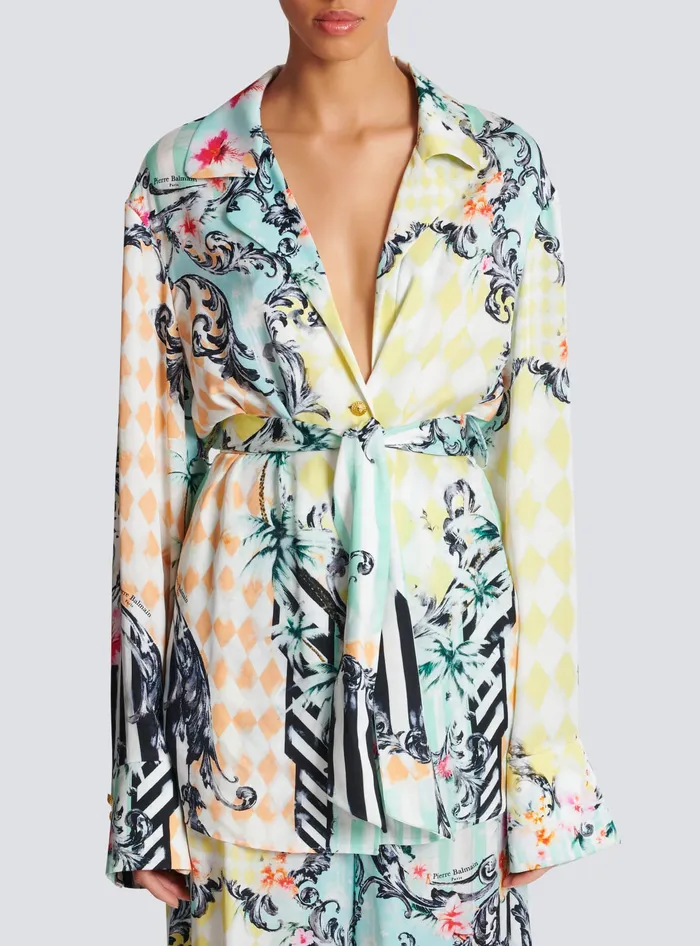 Balmain Tops And Shirts Women Loose Belted Shirt With Baroque Print Multicolor
