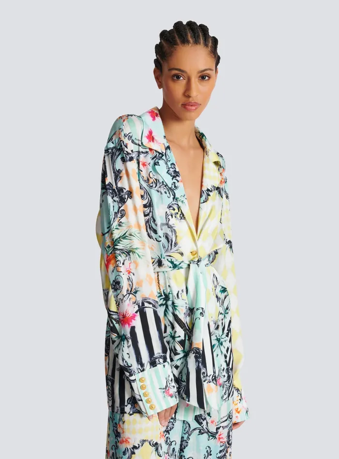 Balmain Tops And Shirts Women Loose Belted Shirt With Baroque Print Multicolor